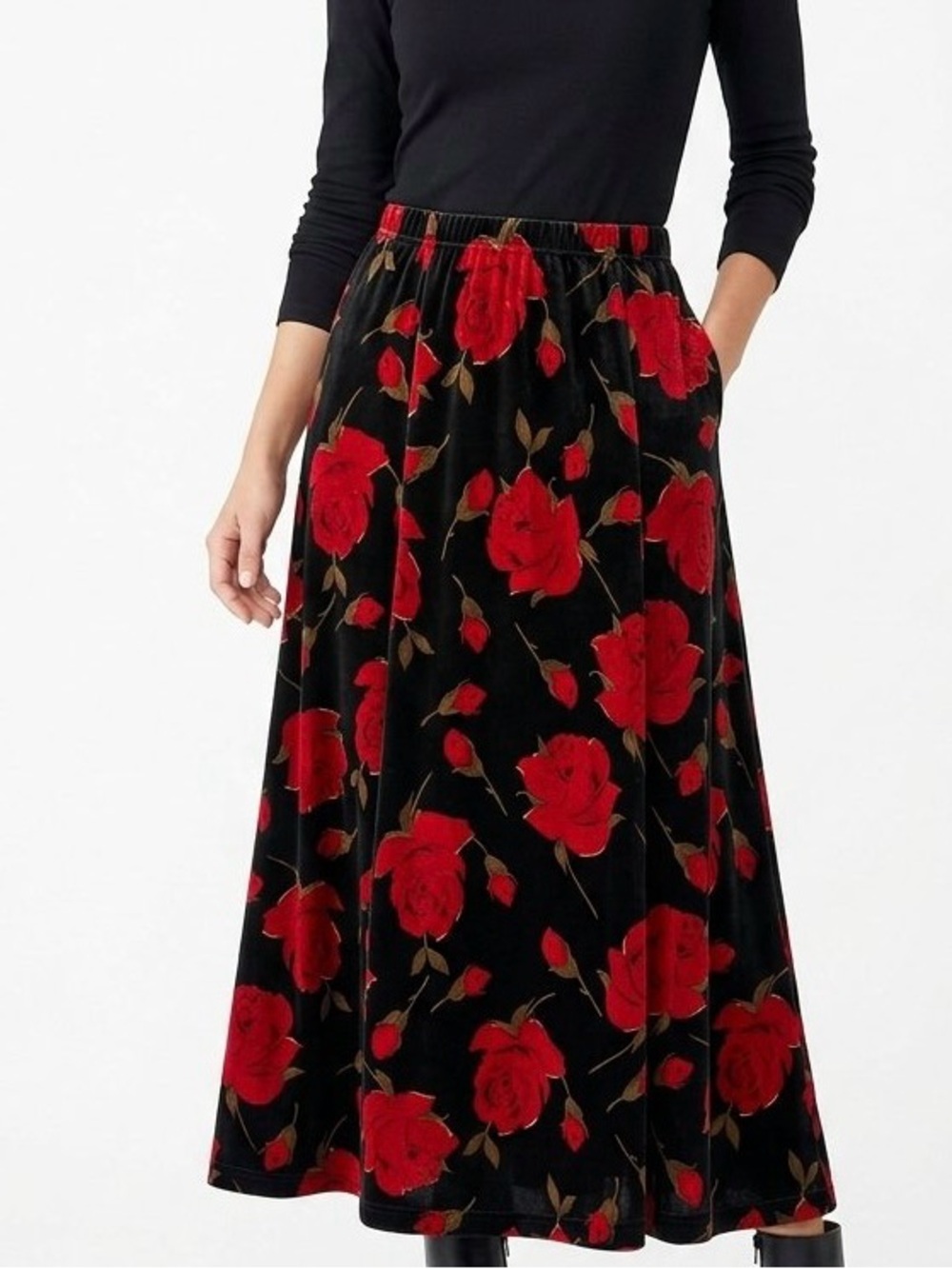 Coldwater Creek Black Velvet Maxi Skirt Red Rose Floral Print Size L Petite